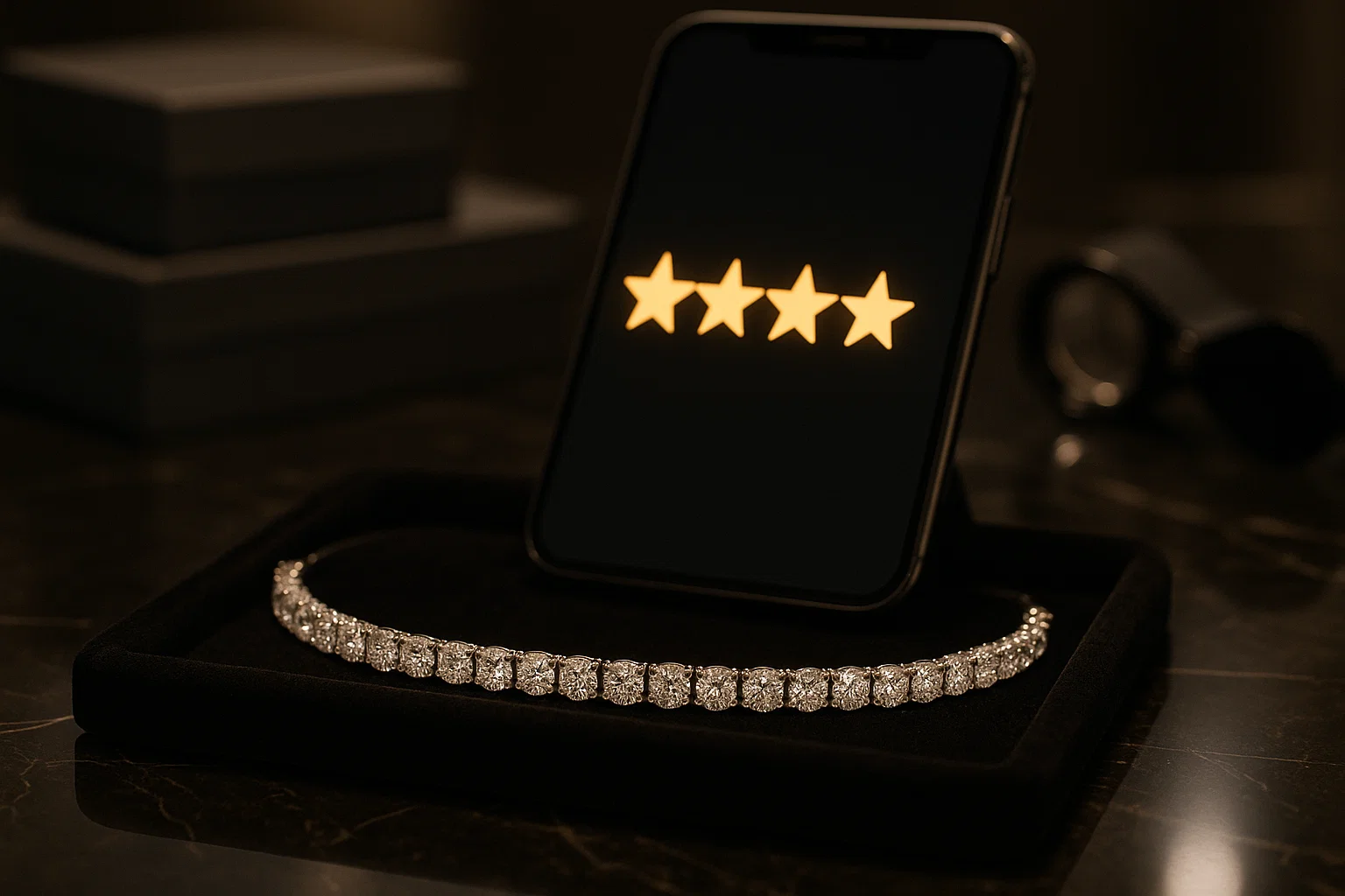 Luxury diamond tennis bracelet in elegant jewelry box with 4-star rating displayed on smartphone