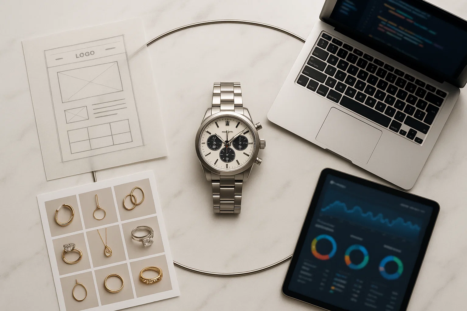 Complete development workflow showing wireframes, luxury watch, laptop with code, and analytics dashboard