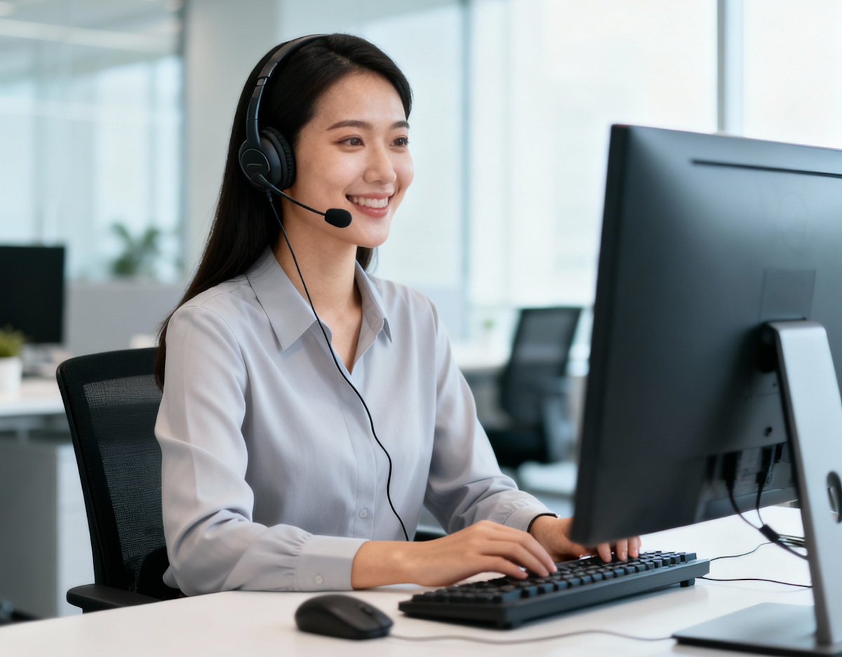 Professional customer service representative with headset providing dedicated support in modern office environment