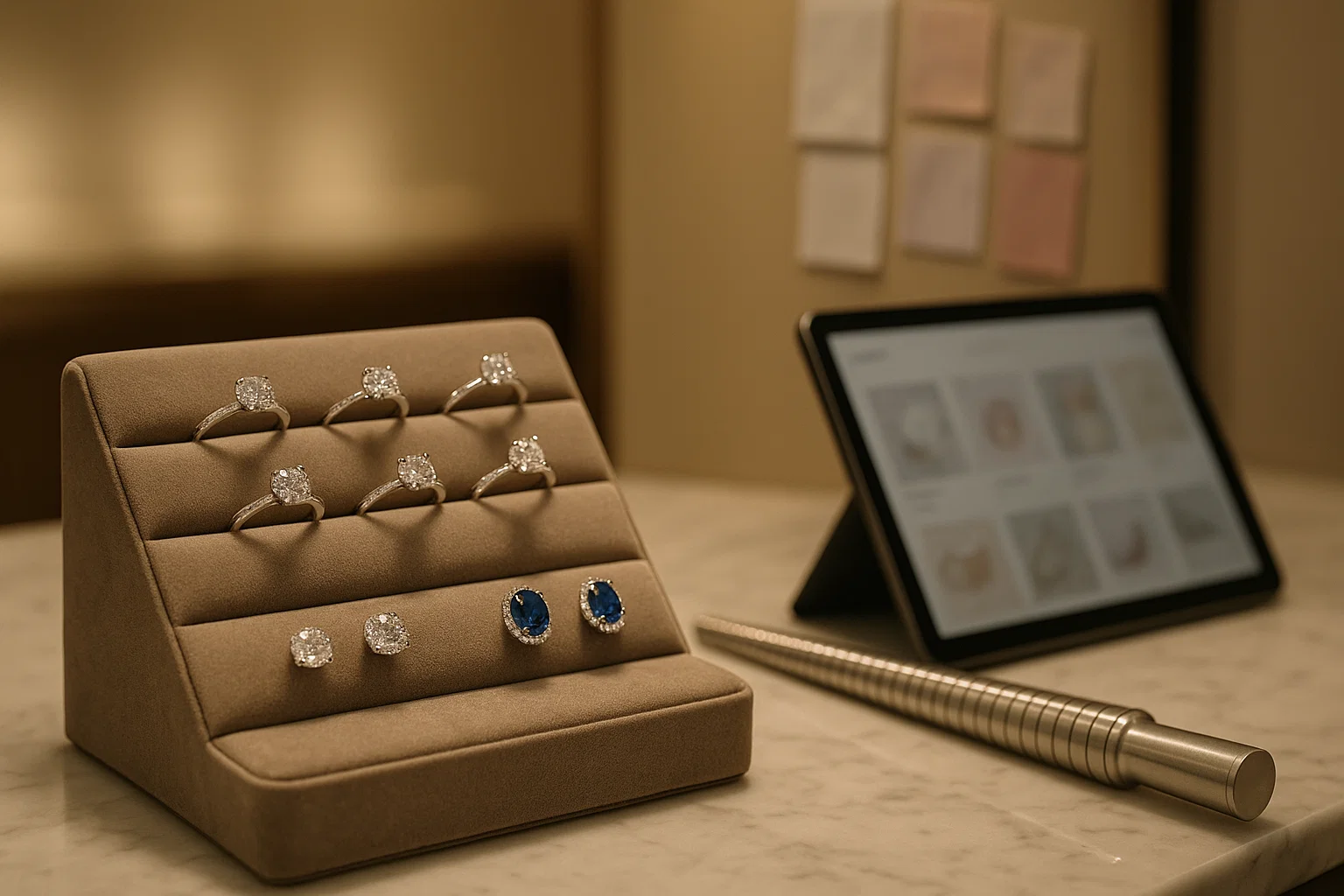 Professional jewelry workspace with diamond rings, earrings and digital catalog